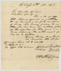 Unconditional headright certificate No. 160 for 640 acres issued to Patience Howard by the Robertson County Board of Land Commissioners at Franklin, 1 December 1845.