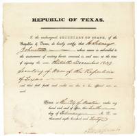 Republic of Texas Secretary of State Abner S. Lipscomb certifies that A. Sidney Johnston was Secretary of War on 30 December 1839, Austin, 10 February 1840.
