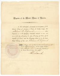 US Chargé d'Affaires Alcée La Branche at Houston certifies Abner S. Lipscomb's signature as Secretary of State of Texas, 29 February 1840.