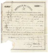 Bounty certificate No. 9373 for 1920 acres to Charles Frazier, killed 27 March 1836 under Col. Fannin, 640 acres augmentation and 1280 acres bounty, signed by A. Sidney Johnston.
