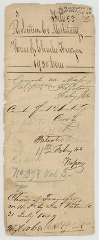 Old wrapper of the Heirs of Charles Frazier, 1920 acres, patented 11 February 1846 No. 378 Vol. 3, with a note of the chain of transfer by John Patrick, 31 July 1849.