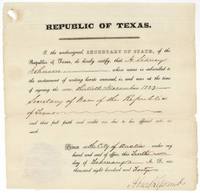 Secretary of State Abner S. Lipscomb certifies A. Sidney Johnston was Secretary of War when he signed on 30 December 1839, Austin, 10 February 1840.