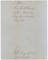 Jacket slip for the McCuistion headright, 320 acres, noting it was registered and suspended in January 1859.