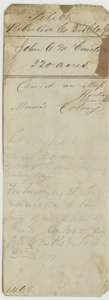 Old file wrapper for the McCuistion headright, 320 acres, with notes on Mercer's Colony and the missing county report.