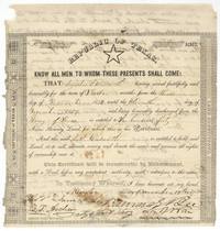 Republic of Texas bounty certificate for Augustus S. Ensworth, twelve months' service 3 Nov 1836 to 11 Nov 1837, 640 acres, signed Barnard E. Bee.