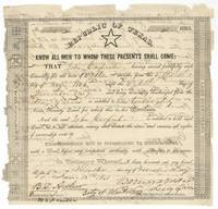 Republic of Texas bounty land certificate No. 254 for 960 acres to John Carpenter for service 18 May 1836 to 8 November 1837, signed Barnard E. Bee, Secretary of War.