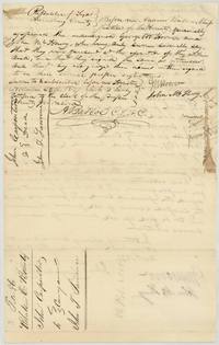 Witnesses George W. Hoover and John McHenry swear before Chief Justice A. Briscoe of Harrisburg County to the deed, Houston, 25 November 1837; wrapper of the conveyance.