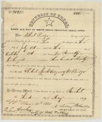Republic of Texas bounty certificate No. 9085 for 320 acres, William Bridge, signed by A. Sidney Johnston at Houston, 3 May 1839.