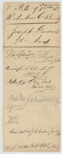 Patent jacket for file 98 recording the patent to John Shackelford, assignee, 15 January 1846, delivered to J. De Cordova.