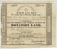 Republic of Texas donation land certificate No. 406 for 640 acres, issued 2 July 1838 to John Pevehouse, who fought at the siege of Bexar in December 1835.