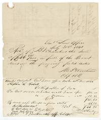 Land Office receipt of 31 July 1841 for $46.80 from B. J. Chambers, and a 12 June 1844 dues account of $93.60 receipted in full 27 July 1844.