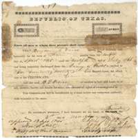 Republic of Texas bounty certificate No. 2527 for 320 acres, issued at Houston on 3 March 1838 to Benjamin S. Vivion for three months' service in 1836.