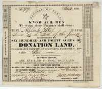 Printed donation land certificate No. 597 for 640 acres issued at Houston on 14 November 1838 to Alphonso Steel for service at the Battle of San Jacinto.