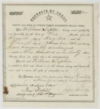 Republic of Texas bounty certificate No. 9966 for 640 acres to William Lapton for six months' service in 1836, approved 13 Sep 1845.