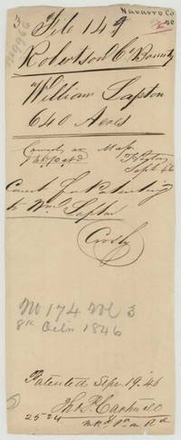Patent jacket for William Lapton's 640 acres, checked correct on map Sept 1846, showing Patent No. 174 Vol. 3, 8 Oct 1846.