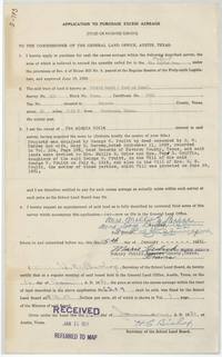 Application to purchase excess acreage in the Lapton survey, sworn 15 Jan 1951.