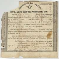 Republic of Texas bounty certificate No. 1049 issued at Houston, 16 December 1837, to Joseph Young for 1,280 acres for fourteen months of army service.