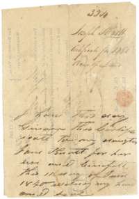 Back of the conditional certificate, where Joseph Knott gave it to his daughter Jane Knott on 12 June 1840.