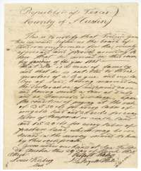 Headright certificate of 29 March 1838 from the Austin County land board for Frederick Grimes, three-quarters of a league and one labor.