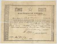 Conditional headright certificate for 1,280 acres issued to Alberto Vaughan by the Robertson County land board at Franklin, 6 September 1838.