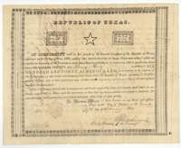 Republic of Texas land scrip No. 20 issued at Houston on 25 February 1838, entitling James Huie to 640 acres.