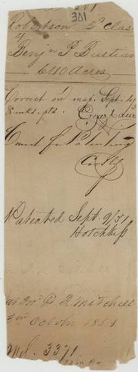 Patent jacket: correct on map 1 Sept 1851, patented 9 Sept 1851 by clerk Hotchkiss, patent for D. R. Mitchell 3 October 1851.