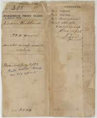 File jacket for Lucius Hibbard's 320-acre fourth-class headright, listing the certificate, field notes and conveyances, marked patented in July 1851.