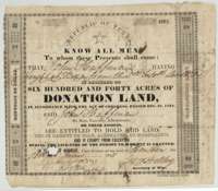 Donation land certificate No. 336 for 640 acres, issued at Houston on 15 June 1838 to John Huffman for fighting at Bexar in December 1835.