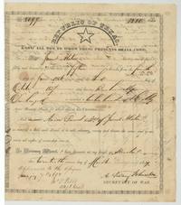 Bounty certificate No. 8099 for 1280 acres to James Alston, served 4 June 1836 to 3 October 1837, issued at Houston 20 March 1839 by A. Sidney Johnston; approved to the assignee 7 January 1850.