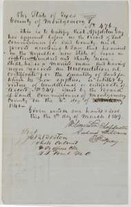 Unconditional certificate No. 476 for 640 acres to Appleton Gay, issued by the Board of Land Commissioners of Montgomery County, 8 March 1849.