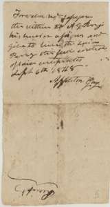 Back of the receipt, with Appleton Gay's assignment of the certificates to A. G. Perry, 6 September 1848.