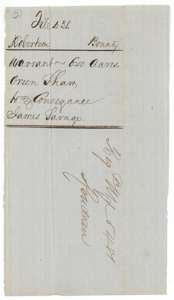 Jacket for the warrant for 640 acres, Orsen Shaw, with the conveyance to James Savage.