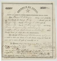 Republic of Texas bounty warrant 9635 for 640 acres to James W. Obrien for six months' service in 1836-37, assignee Chauncey Richardson, signed by B. T. Archer, 9 November 1840.