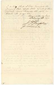 District surveyor J. P. Philpott's certificate that he examined the Dobbins field notes and recorded them in Book M, page 311, 12 February 1851.