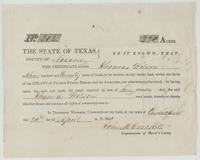 Mercer's Colony certificate No. 302 entitling Thomas Wilson to 320 acres, signed by John M. Crockett at Corsicana in April 1850.