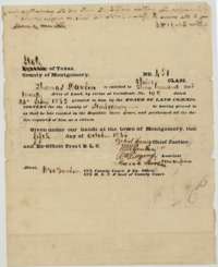 Unconditional headright certificate No. 451 for 320 acres, issued to Thomas Davlin at Montgomery by the county land board, 5 October 1846.