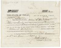 Mercer's Colony certificate No. 1046 for 320 acres to Wilson J. Hutchison, signed by John M. Crockett, 6 June 1850.