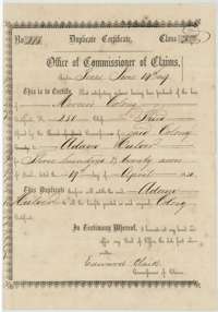 Duplicate Mercer's Colony certificate for Adam Hulver, 320 acres, issued at Austin on 14 June 1859 by Commissioner of Claims Edward Clark.