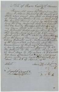 Deed of 28 April 1851 in which Adam Hulver, by his mark, sells his headright certificate for 320 acres to Nathaniel H. Carroll for $25.