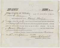 Mercer's Colony certificate No. 96 for 640 acres issued to Jacob Hartzel by Commissioner John M. Crockett at Corsicana, 16 April 1850.