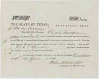 Mercer's Colony certificate No. 229 entitling Elijah Sanders to 320 acres, signed John M. Crockett at Corsicana, 18 April 1850.