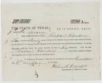 Mercer's Colony certificate No. 231 entitling Richard Sanders to 320 acres, signed by John M. Crockett at Corsicana, 18 April 1850.
