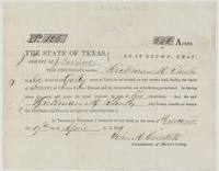 Mercer's Colony certificate No. 126 entitling Hickman M. Shults to 640 acres, signed by John M. Crockett at Corsicana, 17 April 1850.