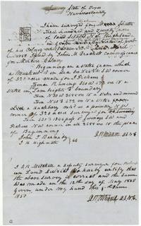 Field notes for 320 acres on Grape Creek about 7 1/2 miles S 28 E of Corsicana, surveyed 12 May 1850 by D. R. Mitchell, chain carriers Barnaby and Highnote(?).