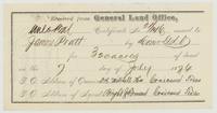 General Land Office receipt for unlocated balance certificate 21/146 for 320 acres issued to James Pratt, sent to Bright & Forman, 7 July 1876.