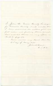 Certificate of County Surveyor John W. Irwin, 2 May 1871, that he examined the 59-acre plat and field notes and recorded them in Book C, page 62.
