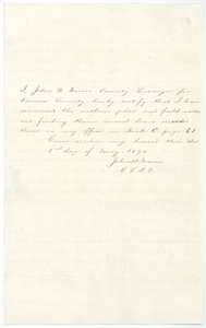 Certificate of County Surveyor John W. Irwin, 2 May 1871, that the 160-acre plat and field notes are correct and recorded in Book C, page 61.