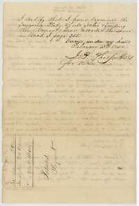 Certificate of J. P. Philpott, 13 February 1851, that the field notes were examined and recorded in Book I, page 255, with the patent jacket on the margin.