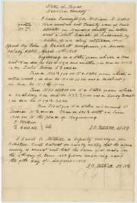 Field notes with a plat for 320 acres on Cottonwood Creek, Navarro County, surveyed for William M. Harris by deputy surveyor David R. Mitchell, 14 June 1850.