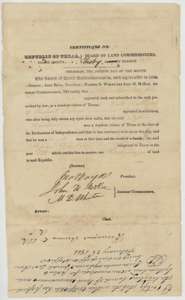 Headright certificate No. 70 for one-third of a league issued to Jesse Benton Jr. by the Sabine County land board in February 1838.